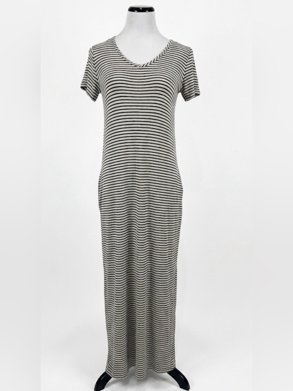 Olivia Rae Black and White Striped V-Neck Maxi Dress